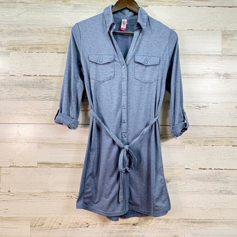 No‎ Boundaries Blue Heathered Button Front Belted Shirt Dress Size M Casual